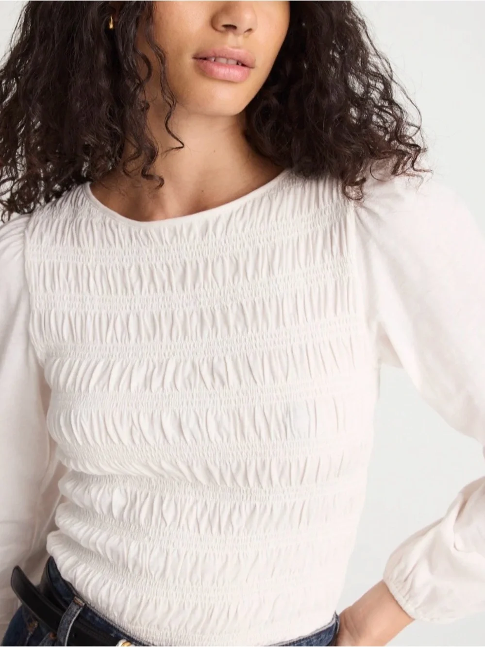Madewell Ivory Smocked Boatneck Long-Sleeve Top